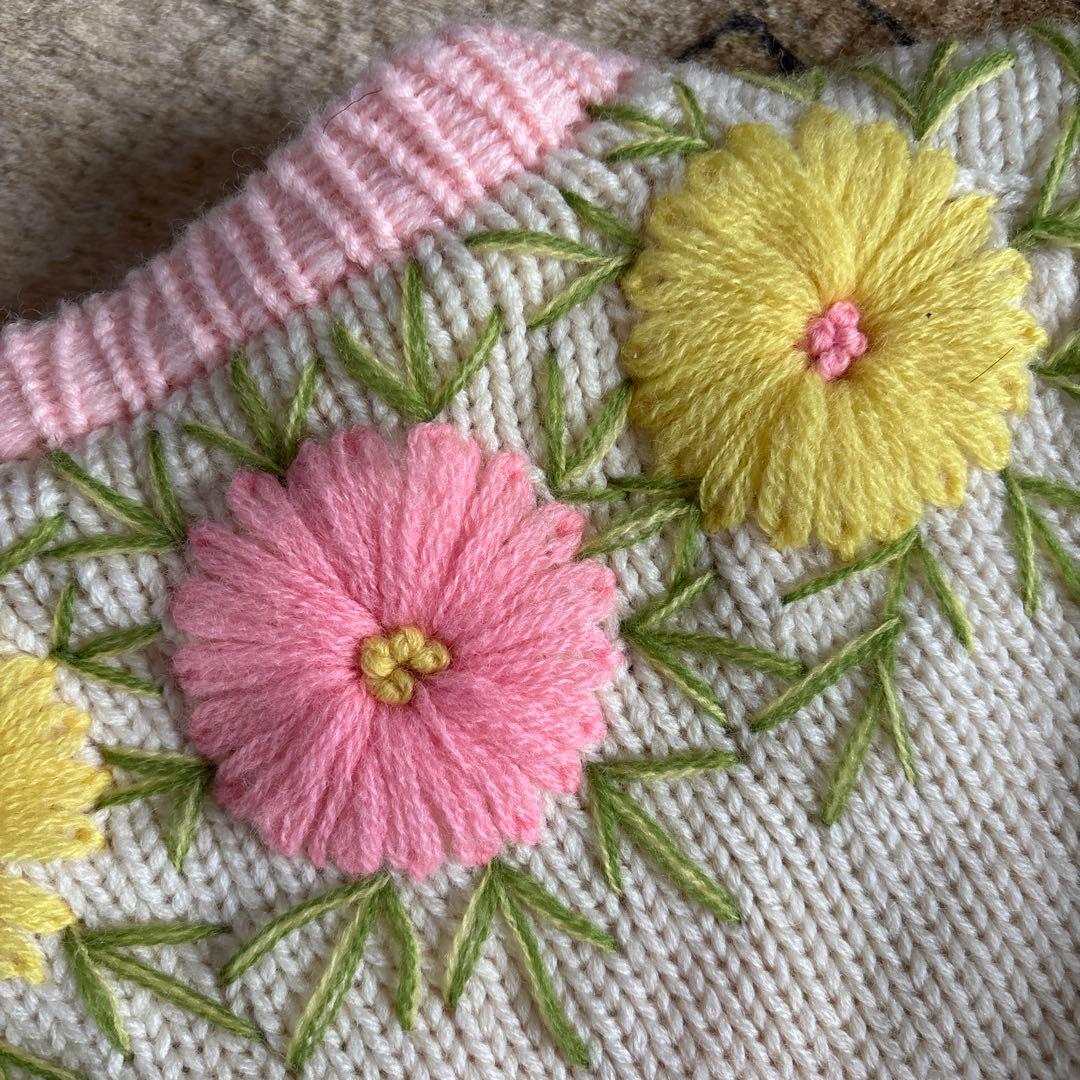 60s 70s お花 刺繍 ニット ベスト ワンピース ロングジレ カーディガン