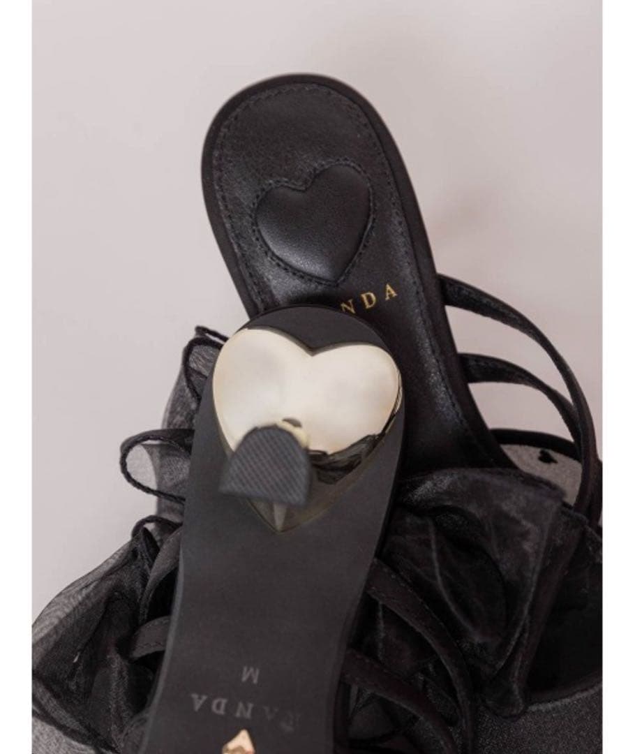 【RANDA】シフォンリボンハートミュールパンプス ブラック Mサイズ