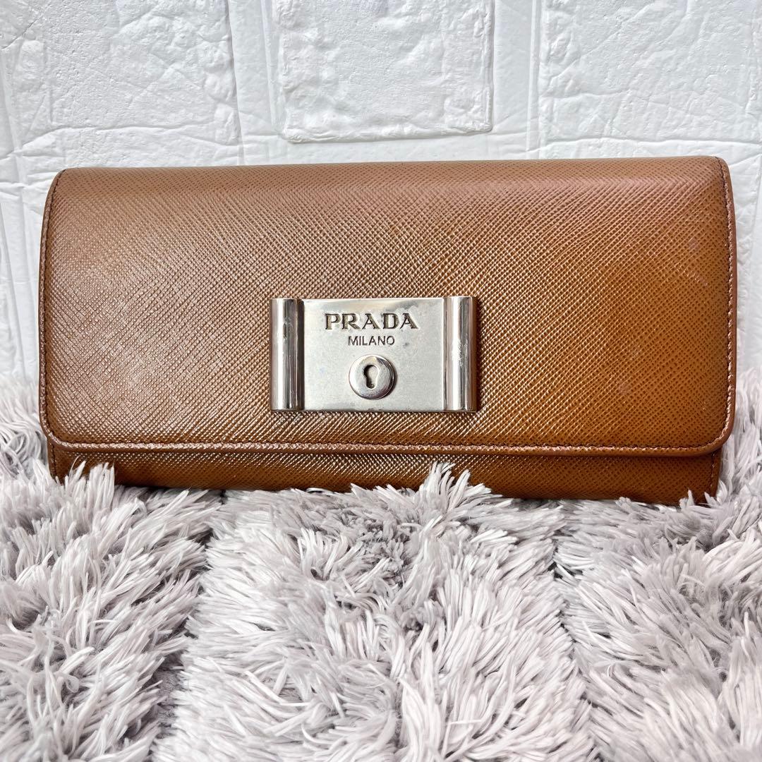 美品✨PRADA サフィアーノ　シルバー金具ロゴ　長財布　コーヒーブラウン