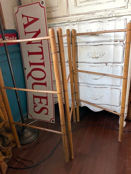 フランス　アンティーク　クロス　タオルバー　ラック　木製　折りたたみ　間仕切り