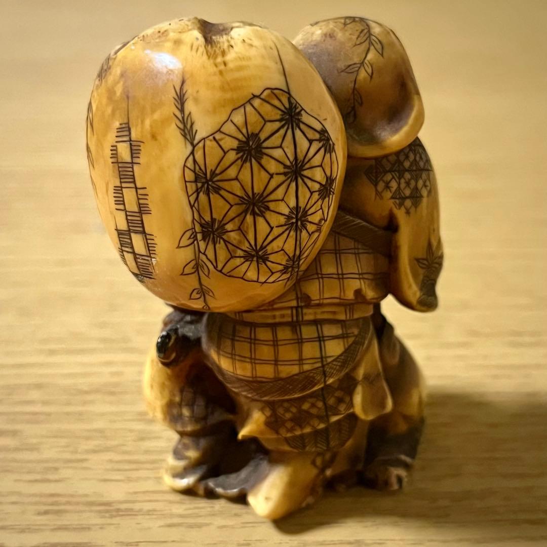 江戸期 大黒天と唐子 正之在銘 根付 高級 天然素材 細密彫刻