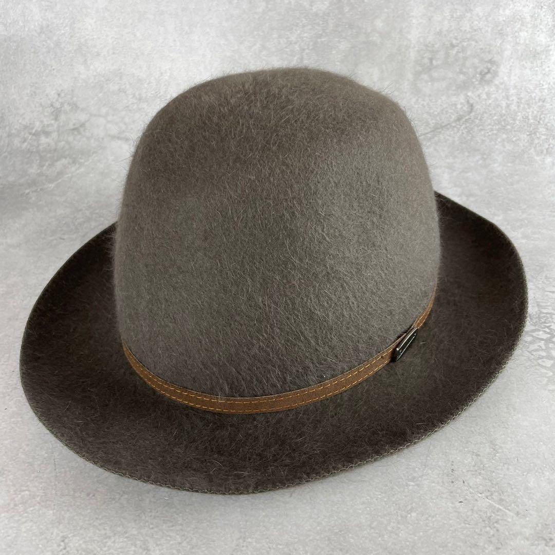 極美品　ボルサリーノ　ラビットウール中折れハット　56　茶　メタルロゴプレート