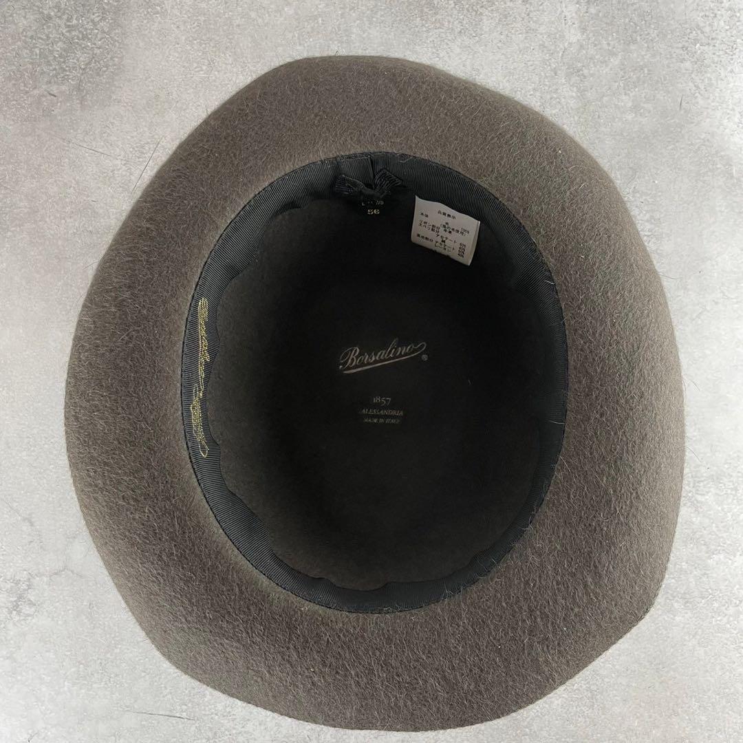 極美品　ボルサリーノ　ラビットウール中折れハット　56　茶　メタルロゴプレート