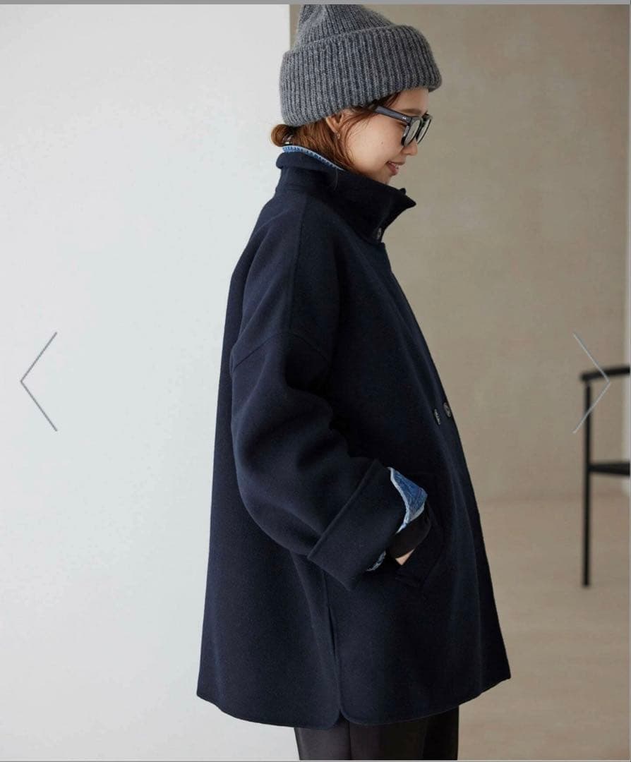 ネイビー ダブルボタン ウールコート