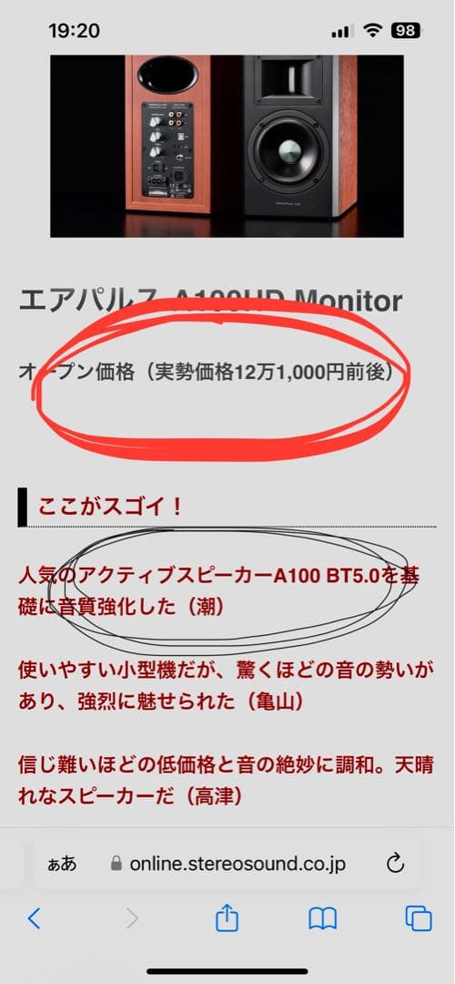 エアパルス AIRPULSE ブラック/チェリー A100 HD MONITOR