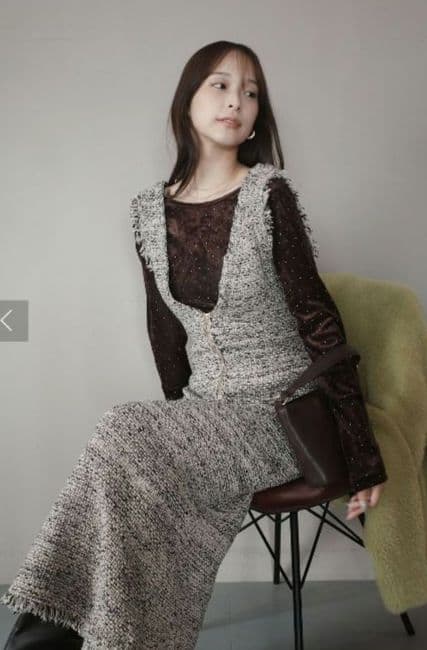 LAGUNAMOON ニットツイードフリンジジャンパースカート　ベージュ