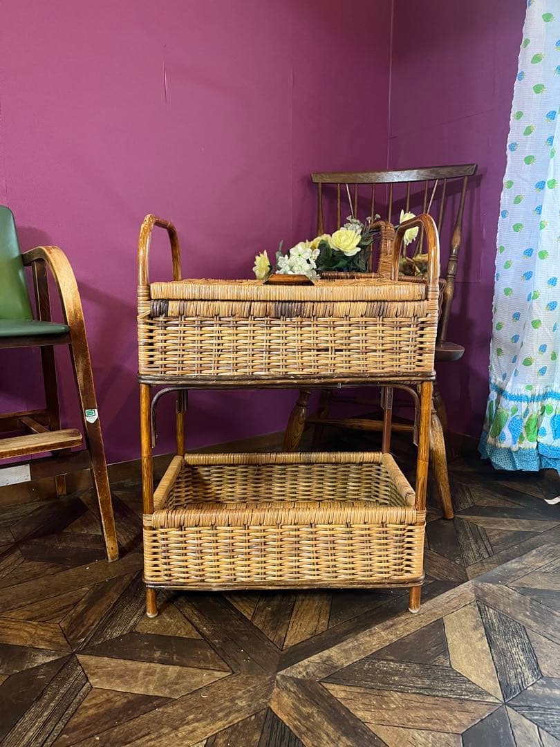 ラタン 籐 2段 ランドリーバスケット 収納かご インテリア 昭和レトロ