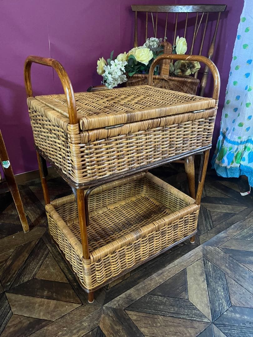ラタン 籐 2段 ランドリーバスケット 収納かご インテリア 昭和レトロ