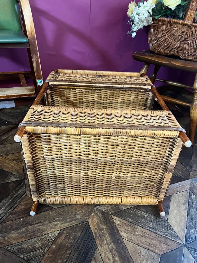 ラタン 籐 2段 ランドリーバスケット 収納かご インテリア 昭和レトロ
