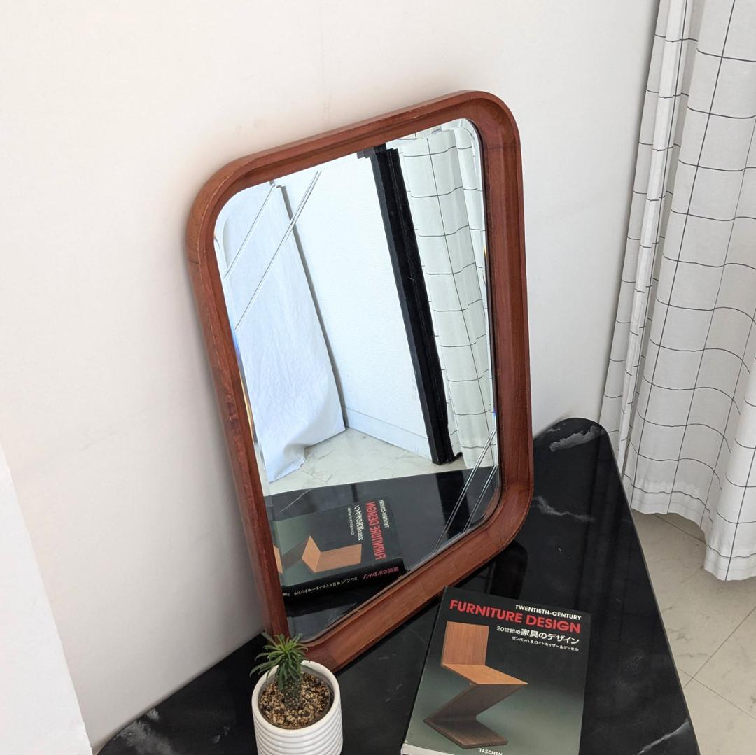 ヴィンテージ ウッドフレーム ミラー 木製 置き鏡 立て掛け鏡 無垢 チーク材