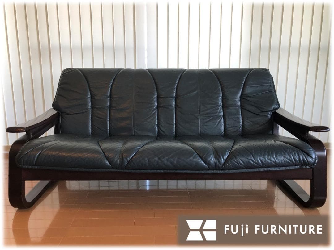 冨士ファニチア★本革張りトリプルソファー★レザー★フジファニチャー★北欧