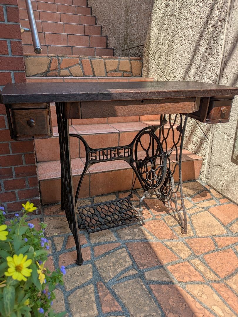 【送料込】シンガー ミシン台 アンティーク アイアン 古材PCデスクカスタム