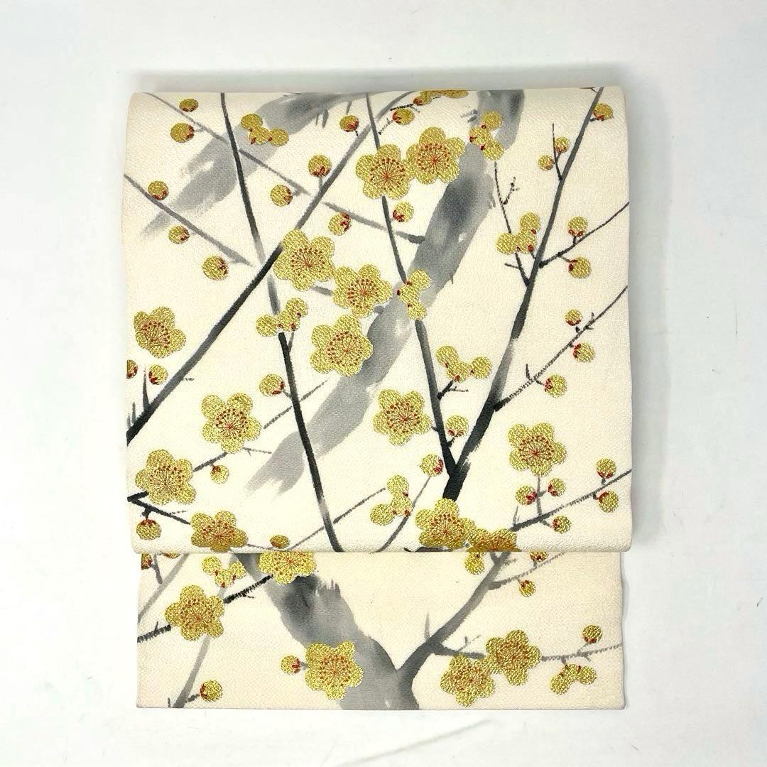 ［ 名古屋帯 ］正絹　生成り　白　ちりめん　縮緬　梅　金　箔　着物