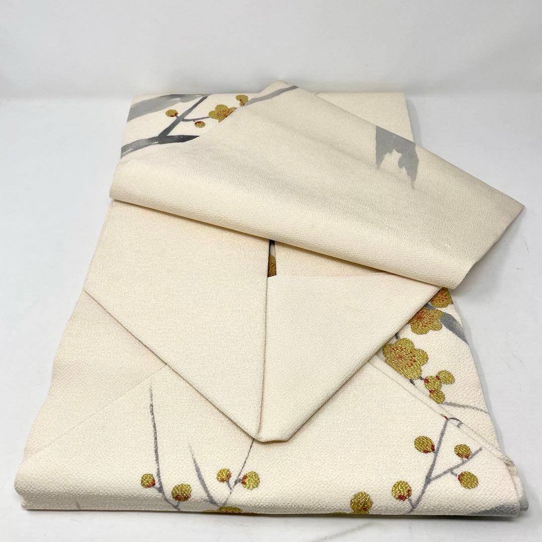 ［ 名古屋帯 ］正絹　生成り　白　ちりめん　縮緬　梅　金　箔　着物