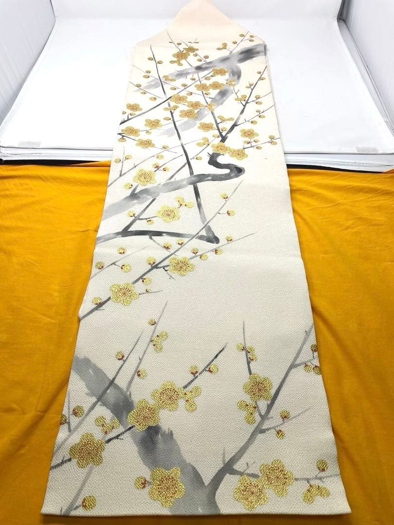 ［ 名古屋帯 ］正絹　生成り　白　ちりめん　縮緬　梅　金　箔　着物