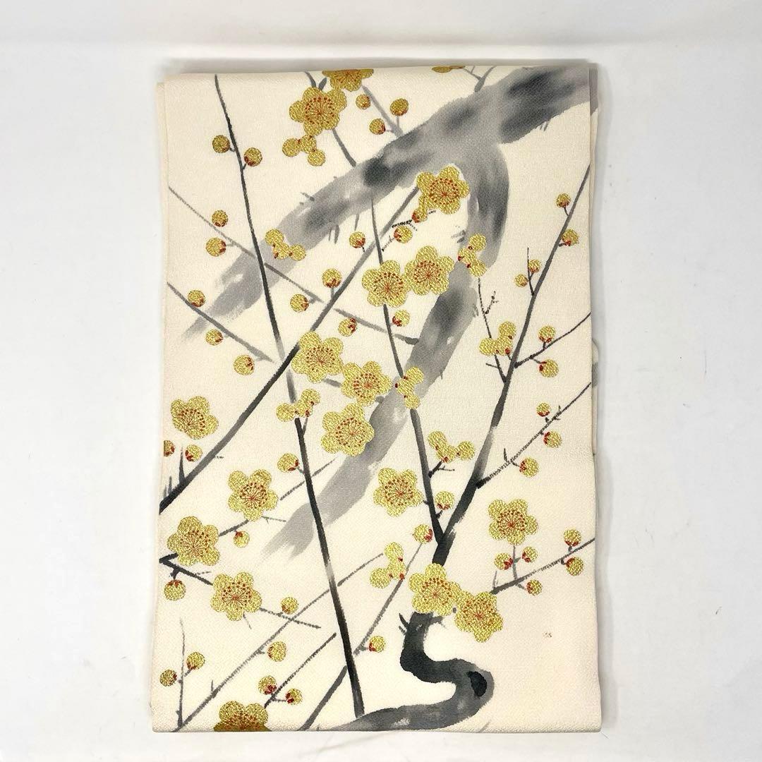 ［ 名古屋帯 ］正絹　生成り　白　ちりめん　縮緬　梅　金　箔　着物