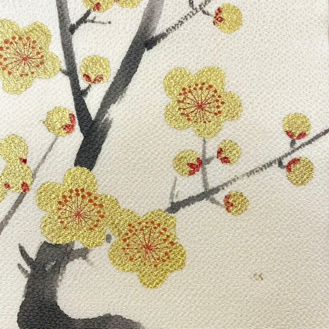 ［ 名古屋帯 ］正絹　生成り　白　ちりめん　縮緬　梅　金　箔　着物