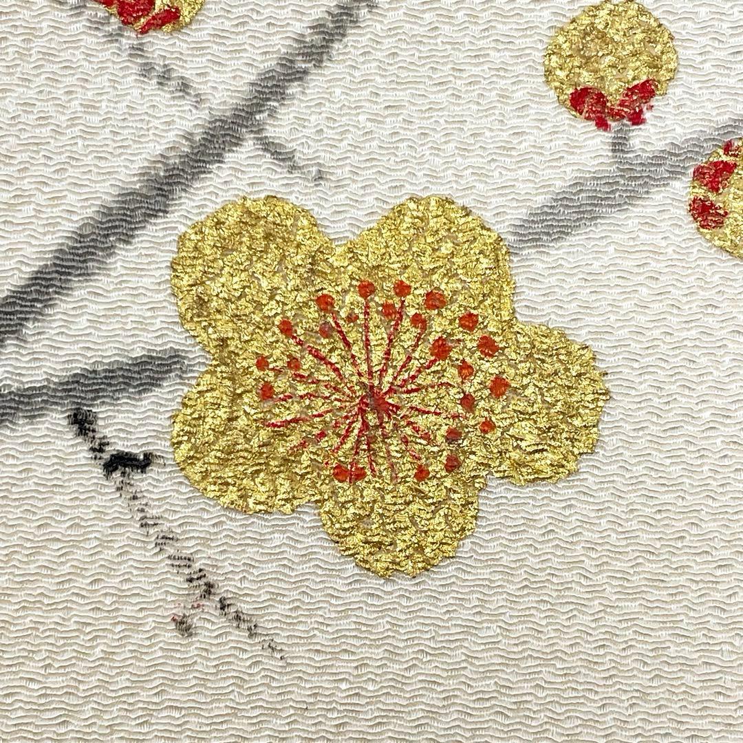 ［ 名古屋帯 ］正絹　生成り　白　ちりめん　縮緬　梅　金　箔　着物