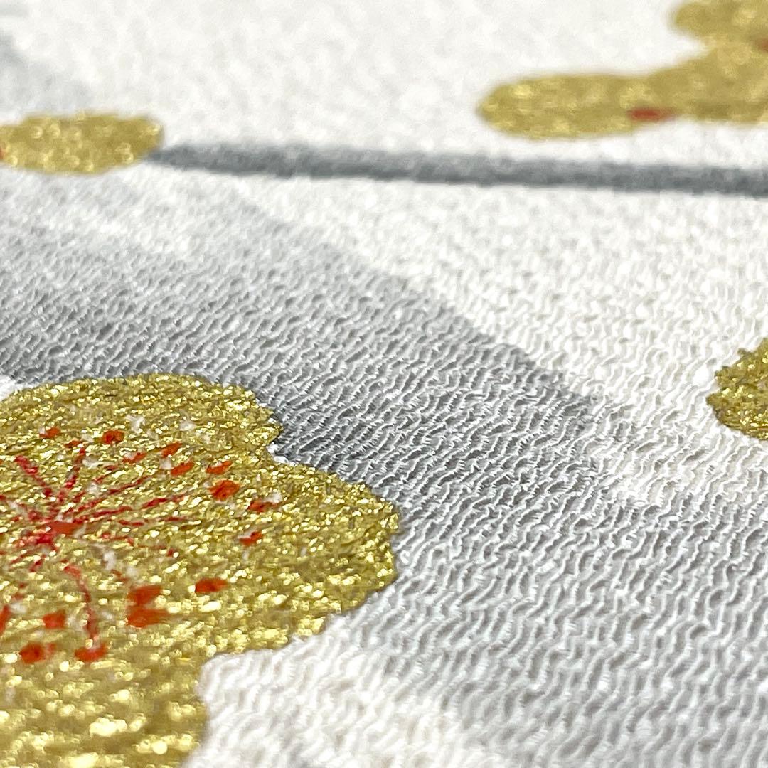 ［ 名古屋帯 ］正絹　生成り　白　ちりめん　縮緬　梅　金　箔　着物