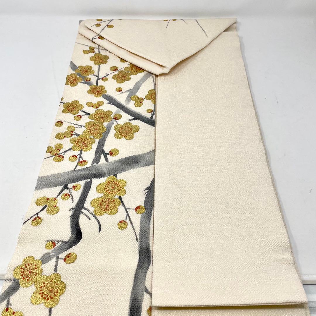 ［ 名古屋帯 ］正絹　生成り　白　ちりめん　縮緬　梅　金　箔　着物