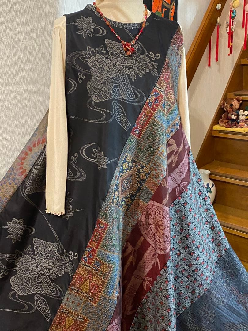 着物リメイク大島紬テントラインワンピース