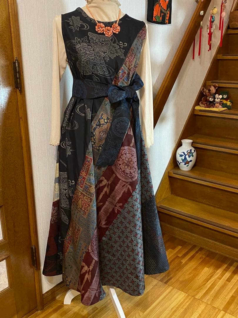 着物リメイク大島紬テントラインワンピース