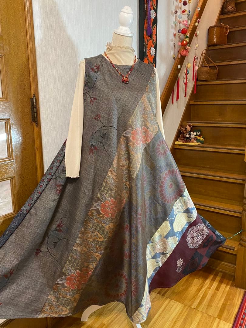 着物リメイク大島紬テントラインワンピース