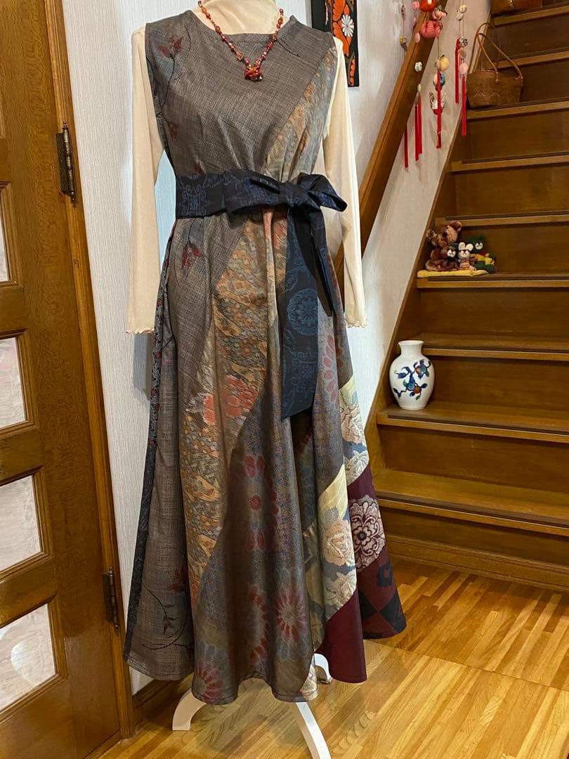 着物リメイク大島紬テントラインワンピース