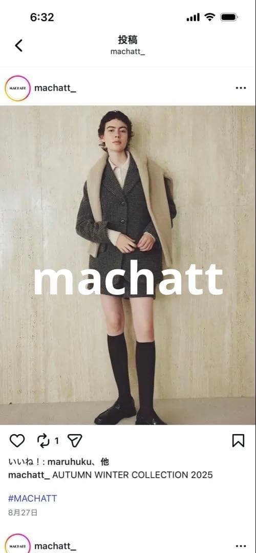 マチャット　machatt ウール テーラードジャケット チェック柄　完売