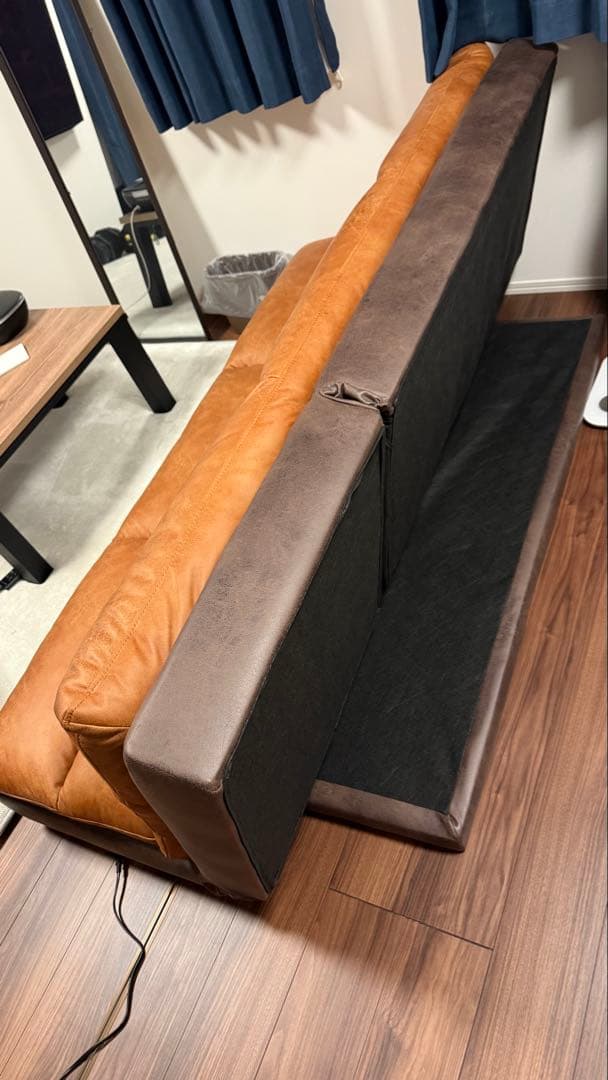 ブラウン ソファベッド ファブリック合成皮革　耐久性抜群