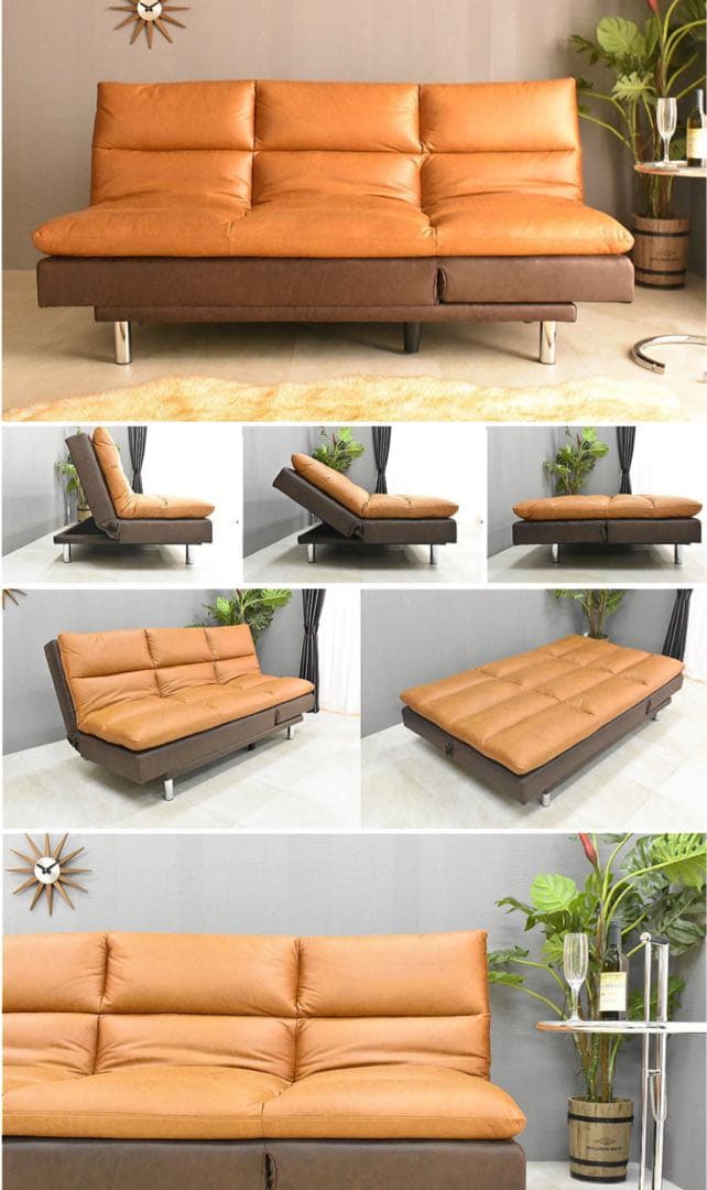 ブラウン ソファベッド ファブリック合成皮革　耐久性抜群