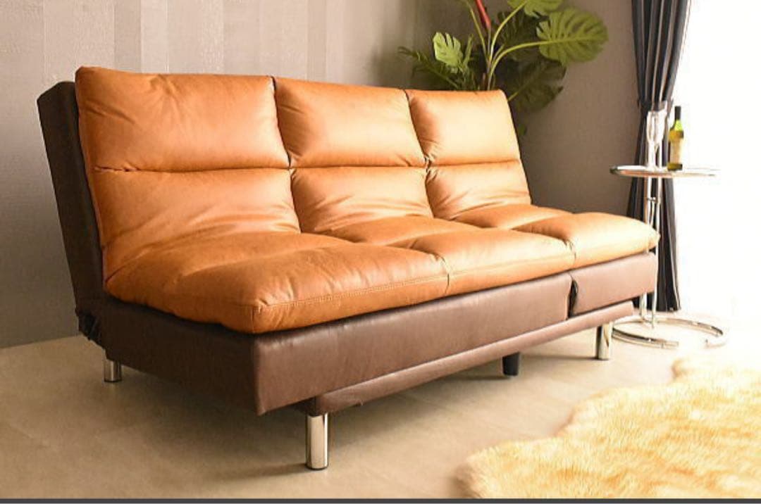 ブラウン ソファベッド ファブリック合成皮革　耐久性抜群