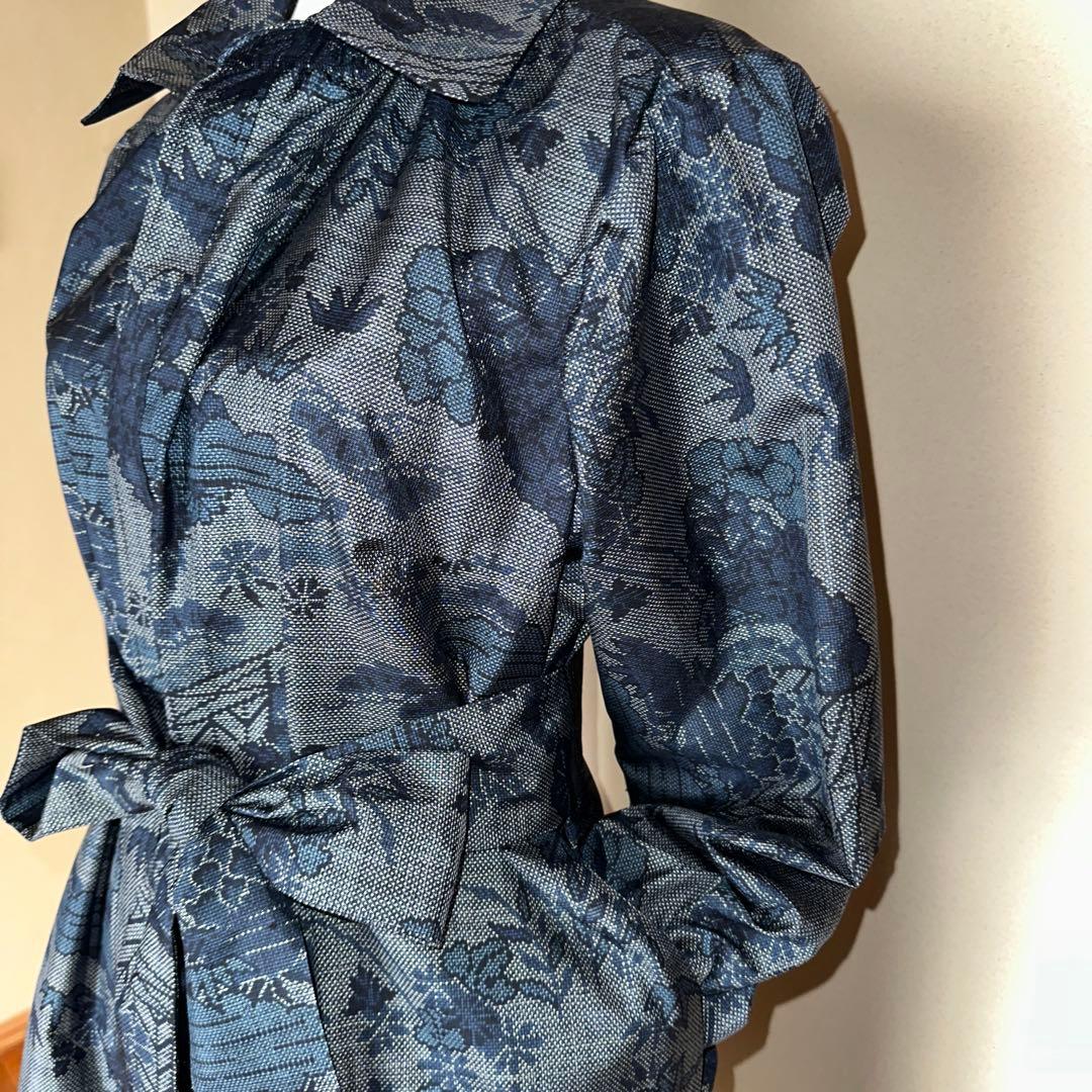 大島紬ネイビー系柄物ビックシャツワンピース　シルク100% XLサイズ未使用着物