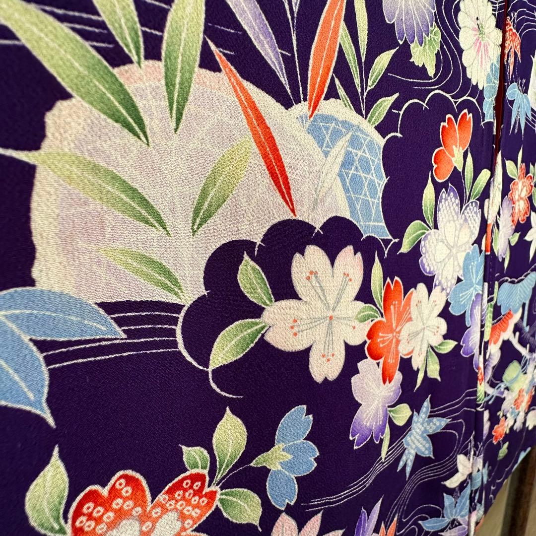 超美品　袷　絹　着物　アンティーク　小紋　145 紫　薄紫　ちりめん　レトロ