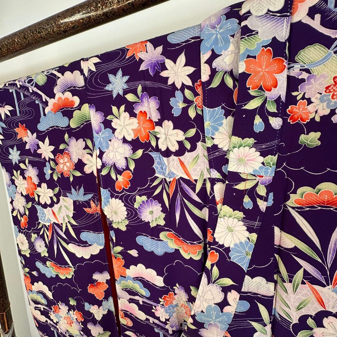 超美品　袷　絹　着物　アンティーク　小紋　145 紫　薄紫　ちりめん　レトロ