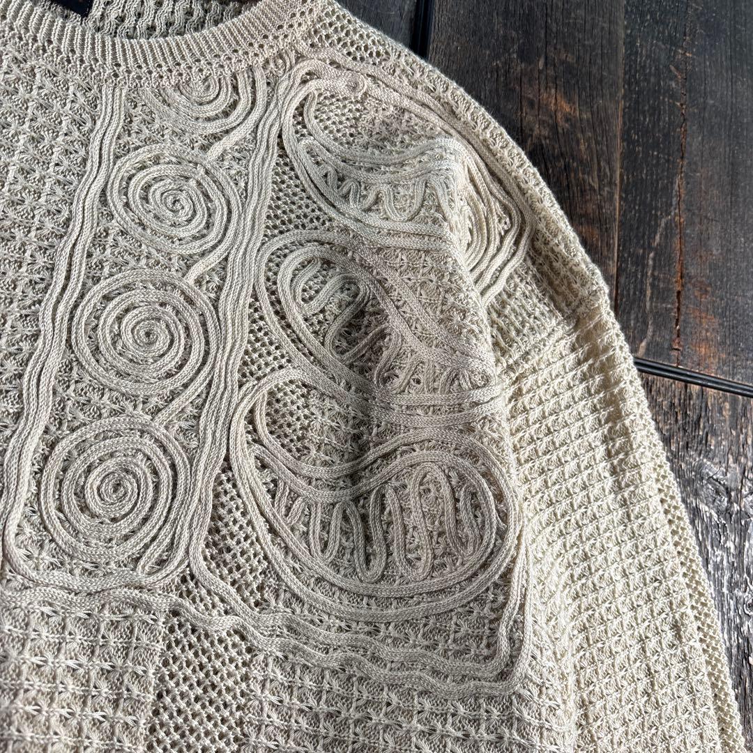 古着　サンタフェ　3Dニットアイボリー　ペイズリー　XL シアニット　リネン混.