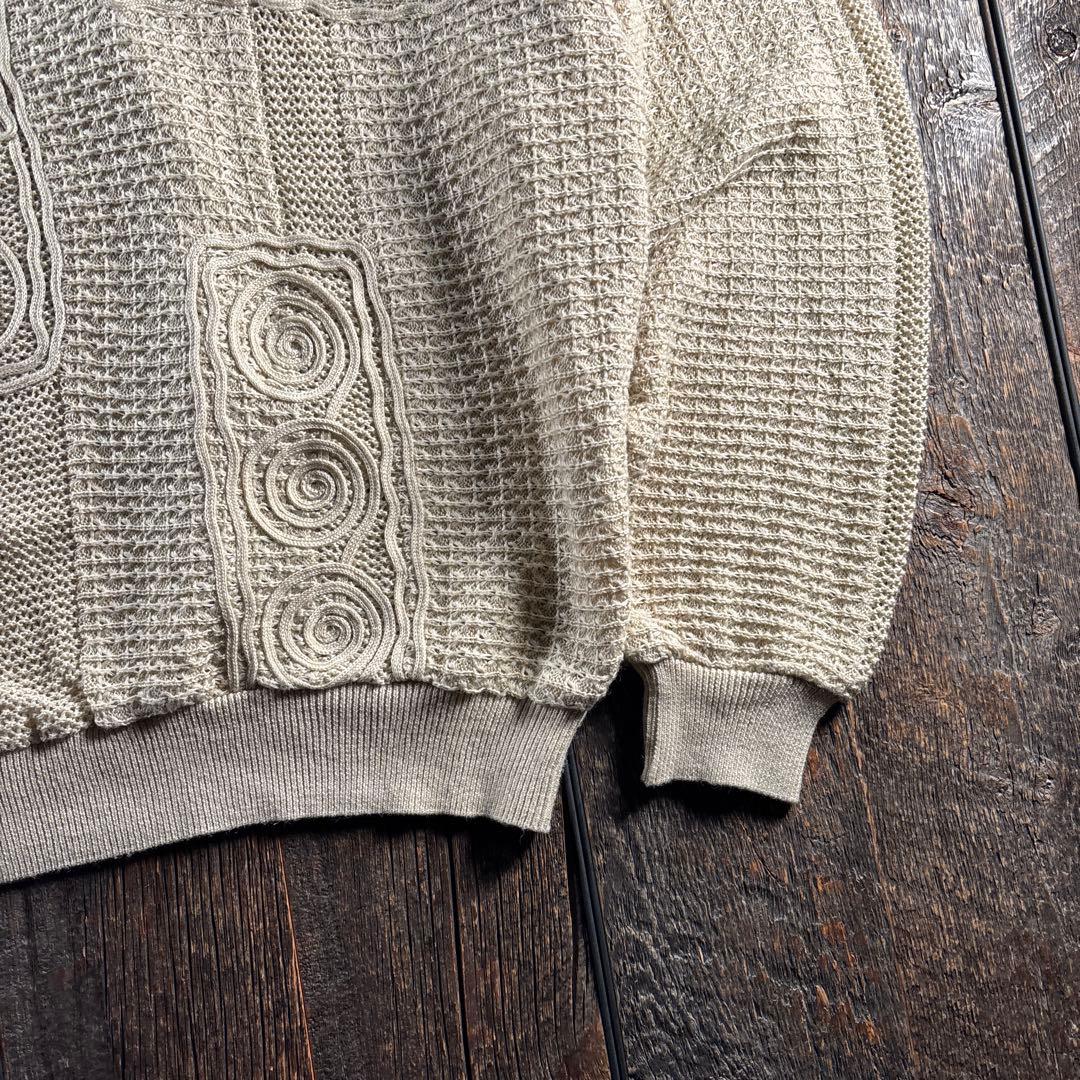 古着　サンタフェ　3Dニットアイボリー　ペイズリー　XL シアニット　リネン混.
