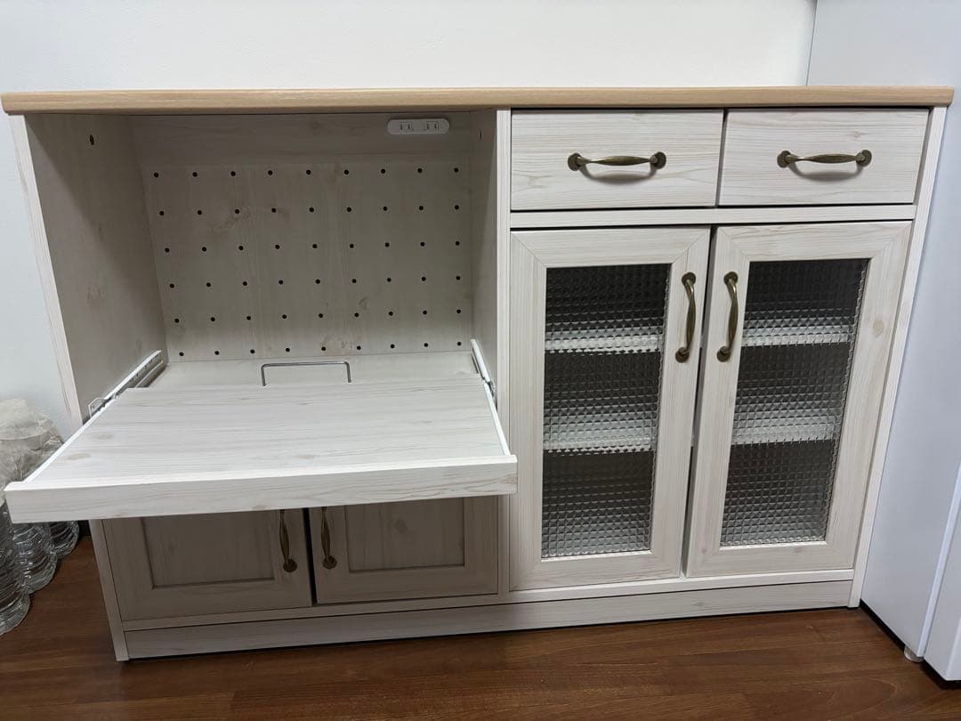 キッチンカウンター／かわいい食器棚　120cm／ベージュホワイト×ライトウッド調