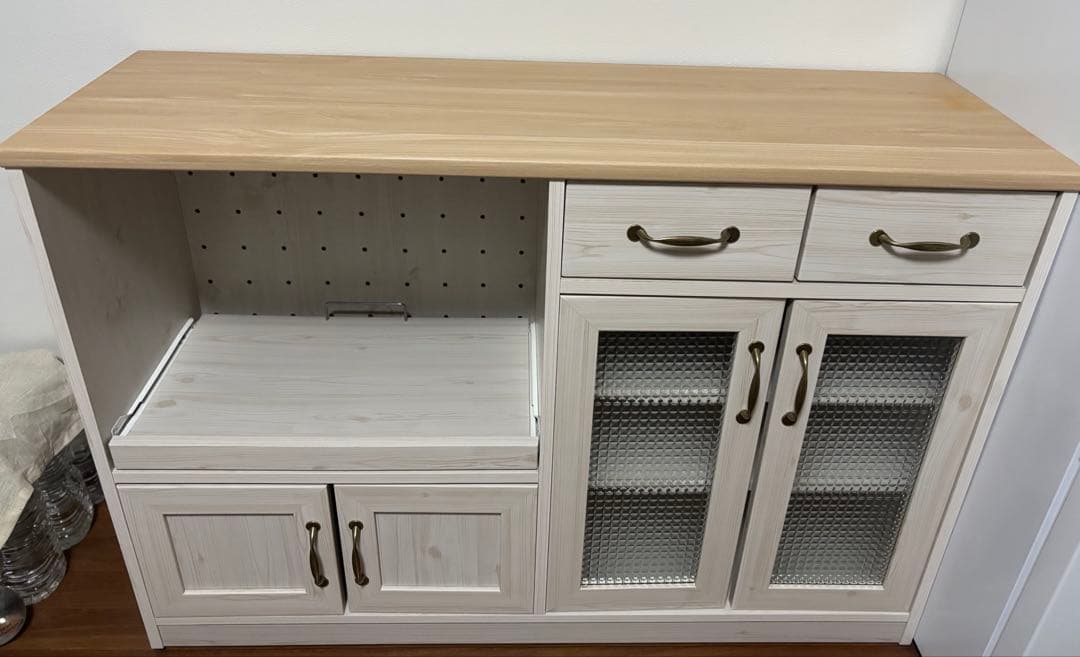 キッチンカウンター／かわいい食器棚　120cm／ベージュホワイト×ライトウッド調