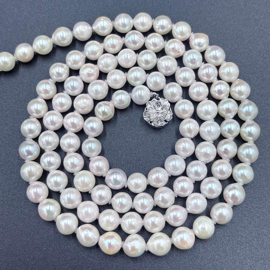 干渉色◎7mmあこや本真珠 2連80cmロングパールネックレス オールノット仕上