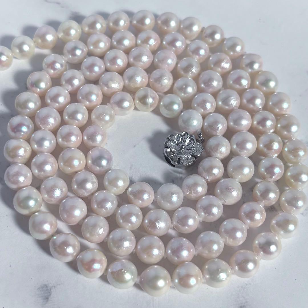 干渉色◎7mmあこや本真珠 2連80cmロングパールネックレス オールノット仕上