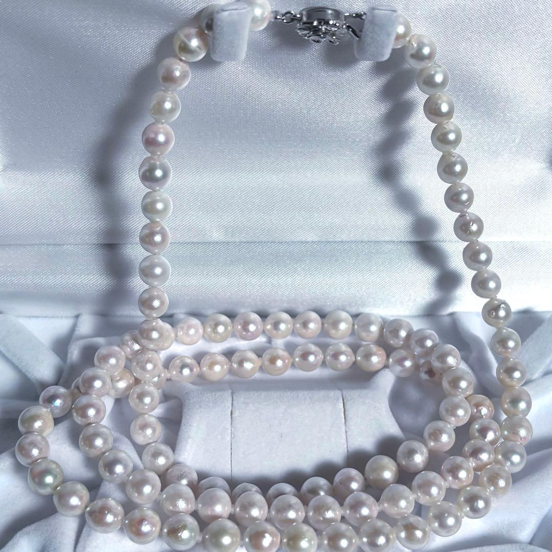 干渉色◎7mmあこや本真珠 2連80cmロングパールネックレス オールノット仕上