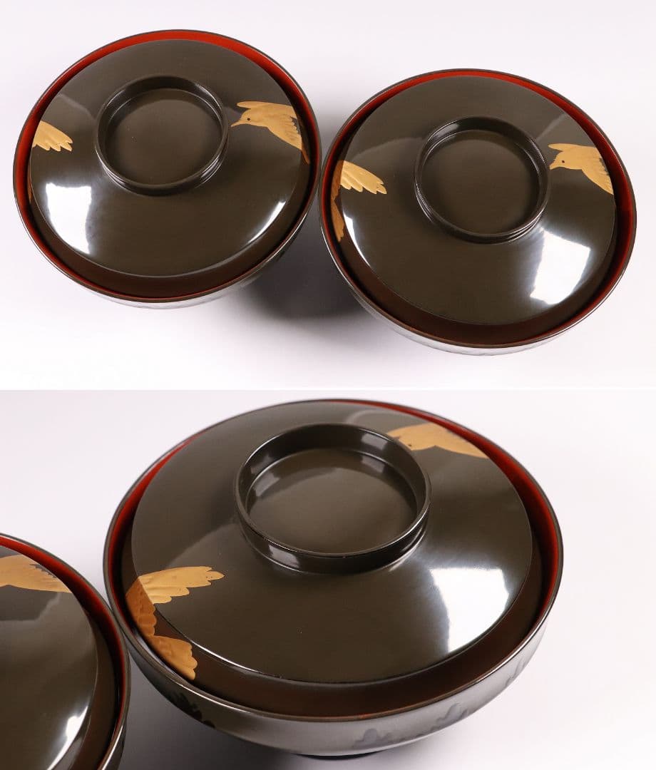 CL14 時代木製漆器 森に鳥 金蒔絵 吸物椀 二客 黒塗 朱塗 闇絵