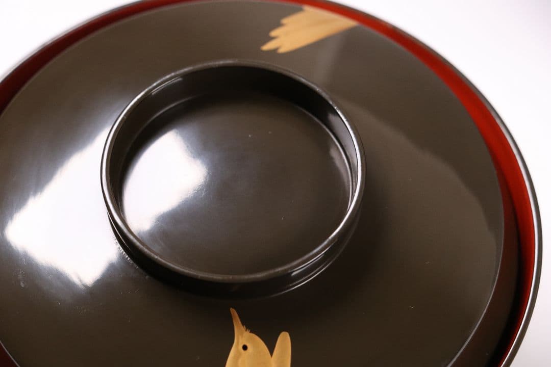 CL14 時代木製漆器 森に鳥 金蒔絵 吸物椀 二客 黒塗 朱塗 闇絵