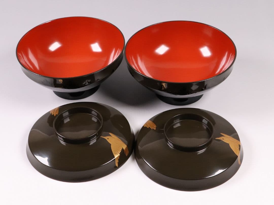 CL14 時代木製漆器 森に鳥 金蒔絵 吸物椀 二客 黒塗 朱塗 闇絵