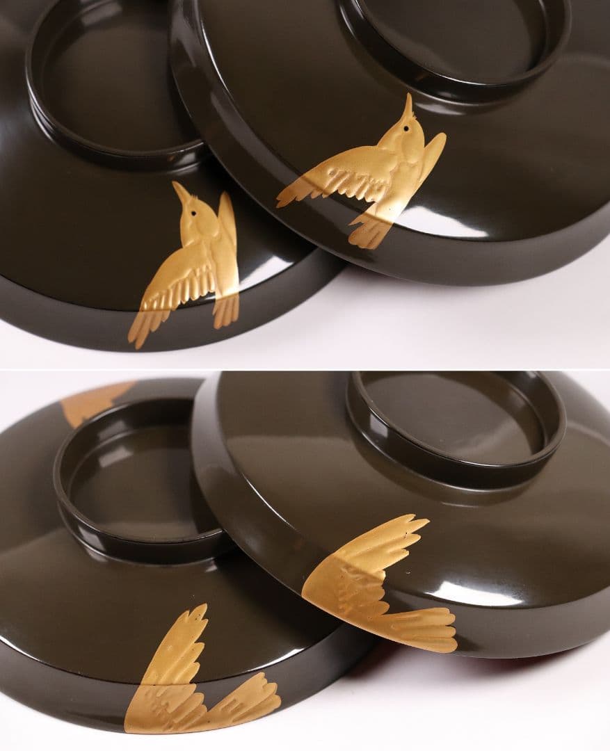 CL14 時代木製漆器 森に鳥 金蒔絵 吸物椀 二客 黒塗 朱塗 闇絵