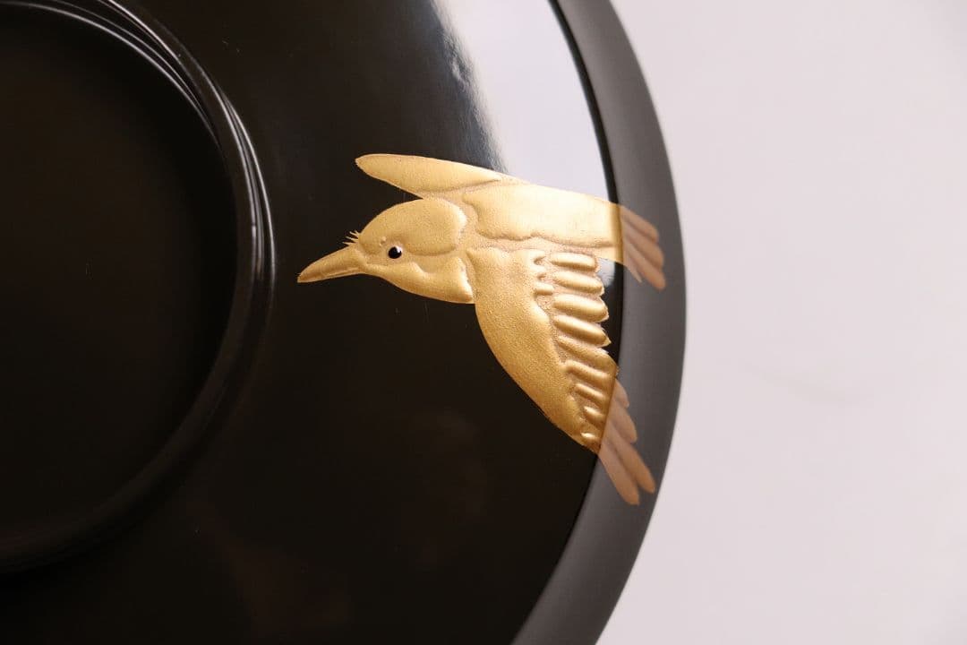CL14 時代木製漆器 森に鳥 金蒔絵 吸物椀 二客 黒塗 朱塗 闇絵