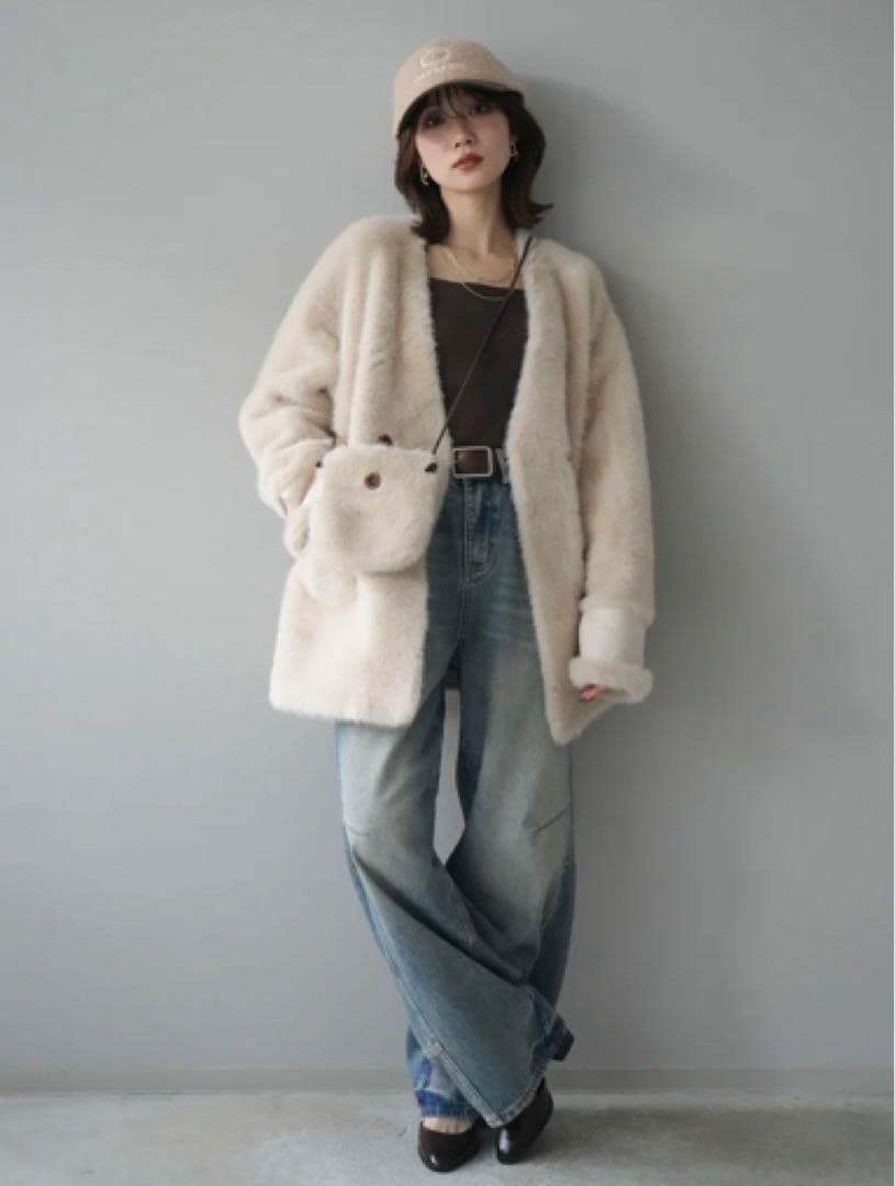 バッグ付エコファーノーカラーコート　リュミエ　lumier同型　ベージュ