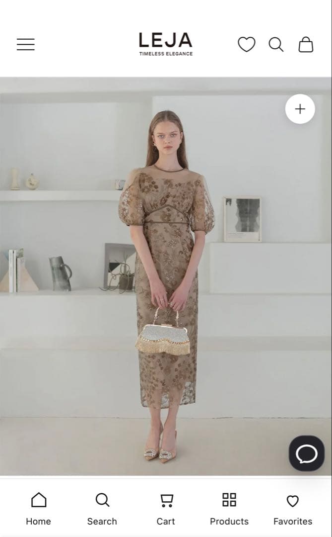 LEJA フラワーディテールパフスリーブIラインワンピースドレス　BEIGE