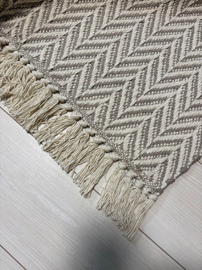 ラグマット　130×190 インド綿　ベージュ×アイボリー